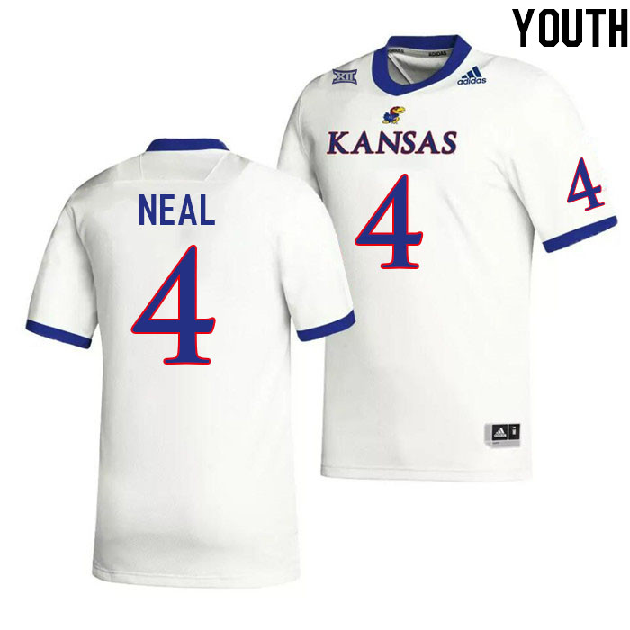 Youth #4 Devin Neal Kansas Jayhawks College Football Jerseys Stitched Sale-White - Click Image to Close